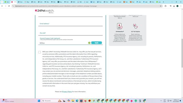 24PetWatch checkout page showing 24PetWatch promo code box | Screenshot taken by SimplyCodes community member on Nov 13, 2024