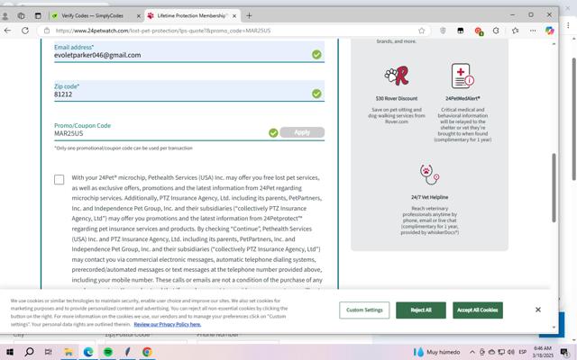 24PetWatch checkout page showing 24PetWatch promo code box | Screenshot taken by SimplyCodes community member on Mar 18, 2025