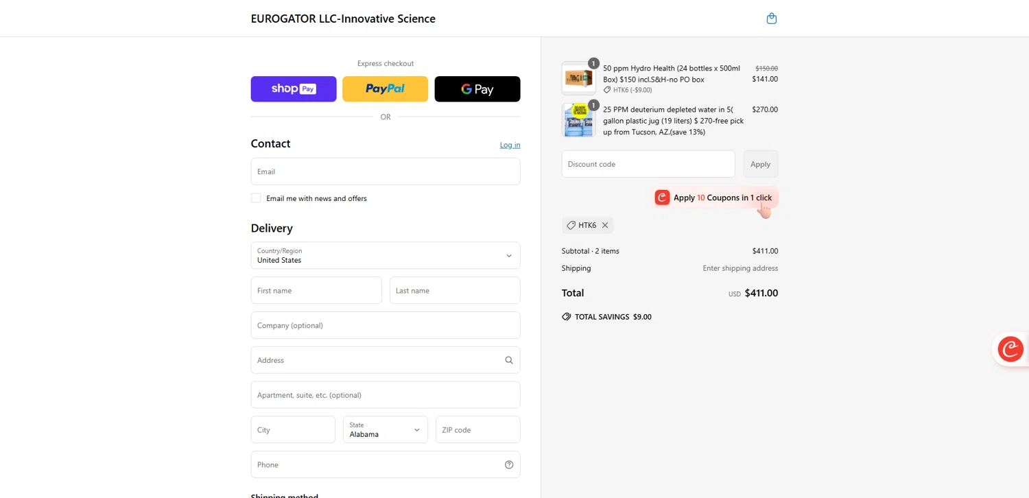 25-DDW-HydroHealth promo code screenshot showing code HTK6 applied at 25-DDW-HydroHealth checkout page. Uploaded by SimplyCodes community member __________ on Jun 29, 2025
