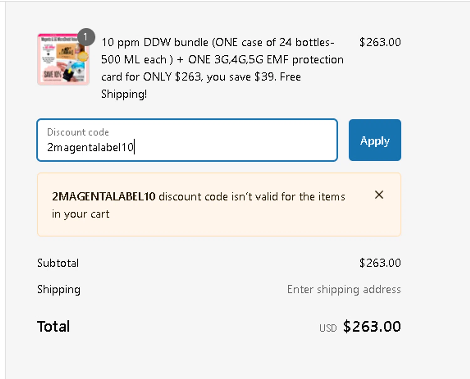 25-DDW-HydroHealth promo code screenshot showing code 2magentalabel10 applied at 25-DDW-HydroHealth checkout page. Uploaded by SimplyCodes community member manuelturizo on Jan 11, 2025