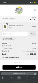 25 Hour Farms coupon verification screenshot
