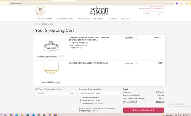 25Karats checkout page showing 25Karats promo code box | Screenshot taken by SimplyCodes community member on Jul 30, 2025