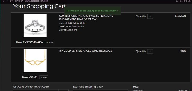 25Karats checkout page showing 25Karats promo code box | Screenshot taken by SimplyCodes community member on Jul 30, 2025