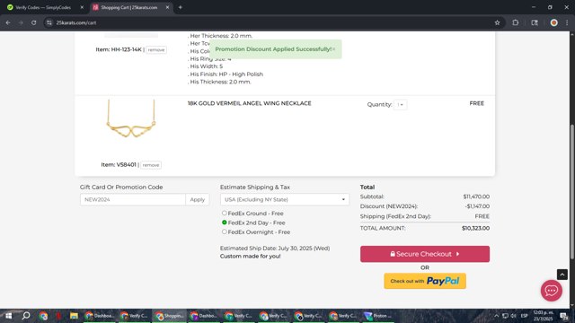 25Karats checkout page showing 25Karats promo code box | Screenshot taken by SimplyCodes community member on Jul 23, 2025