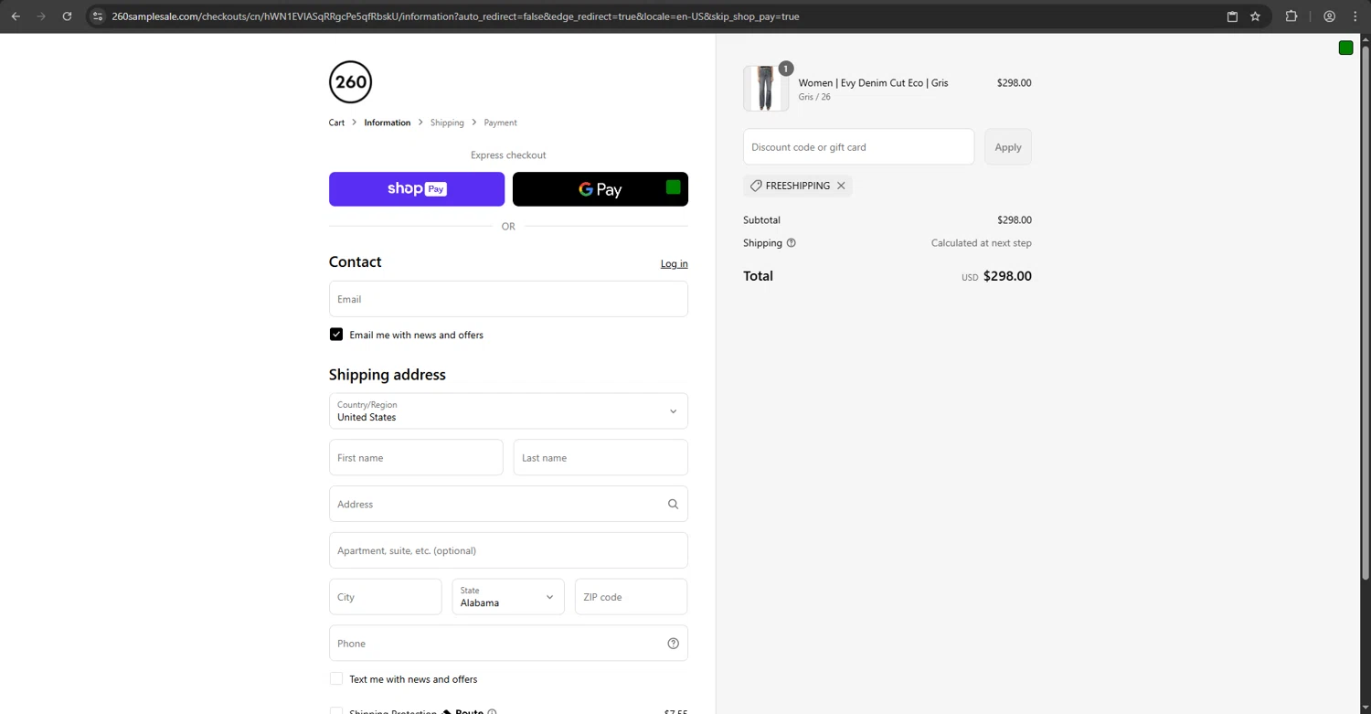260 Sample Sale discount code screenshot showing code FREESHIPPING applied at 260 Sample Sale checkout page. Uploaded by SimplyCodes community member RINITOSHI on Jul 30, 2025
