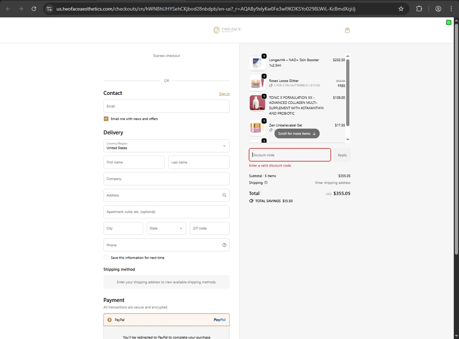 Two Face Aesthetics US promo code screenshot showing code NOV300 applied at Two Face Aesthetics US checkout page. Uploaded by SimplyCodes community member ShrewdDefender8496 on Feb 12, 2026