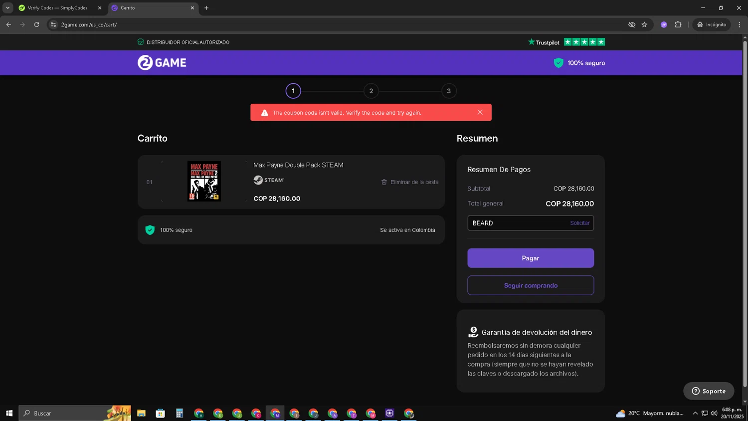 2game discount code screenshot showing code BEARD applied at 2game checkout page. Uploaded by SimplyCodes community member CRF250CC on Nov 20, 2025