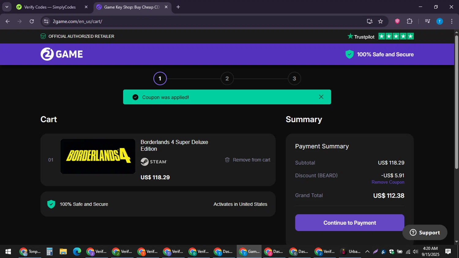 2game checkout page showing 2game discount code box | Screenshot taken by SimplyCodes community member on Sep 15, 2025