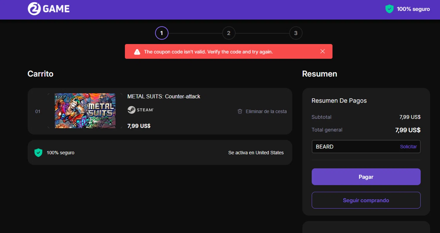 2game discount code screenshot showing code BEARD applied at 2game checkout page. Uploaded by SimplyCodes community member SaleScout7223 on Nov 20, 2025