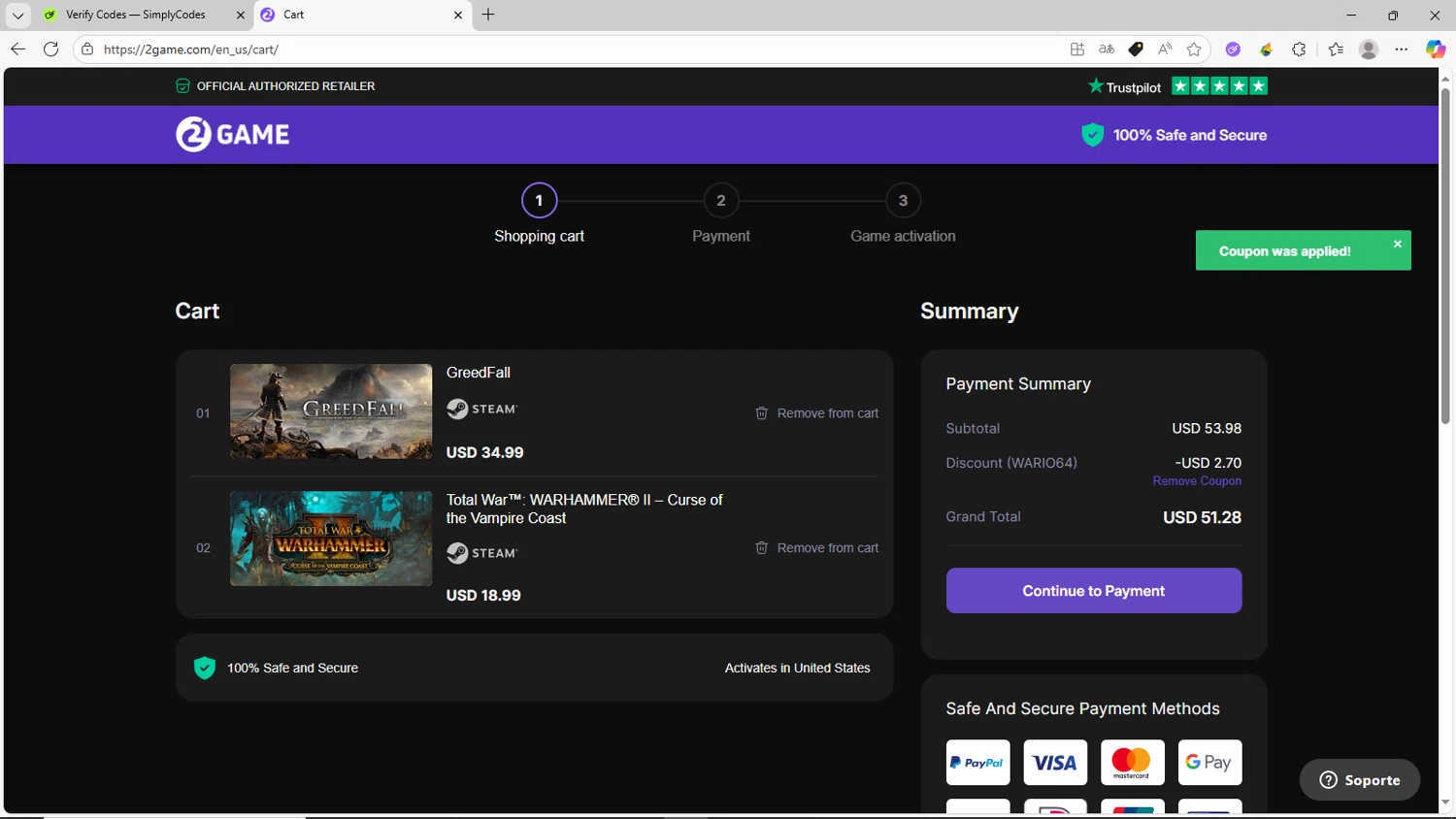 2game discount code screenshot showing code WARIO64 applied at 2game checkout page. Uploaded by SimplyCodes community member CrownShopper2899 on Aug 4, 2025