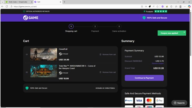 2game checkout page showing 2game discount code box | Screenshot taken by SimplyCodes community member on Aug 4, 2025