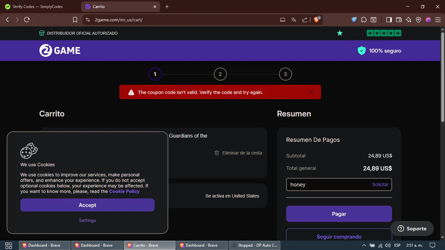 2game discount code screenshot showing code honey applied at 2game checkout page. Uploaded by SimplyCodes community member Alfred on Nov 26, 2025