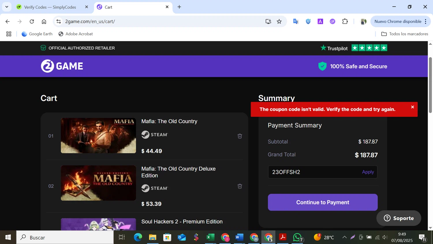 2game discount code screenshot showing code 23OFFSH2 applied at 2game checkout page. Uploaded by SimplyCodes community member NobleMonarch5837 on Aug 7, 2025