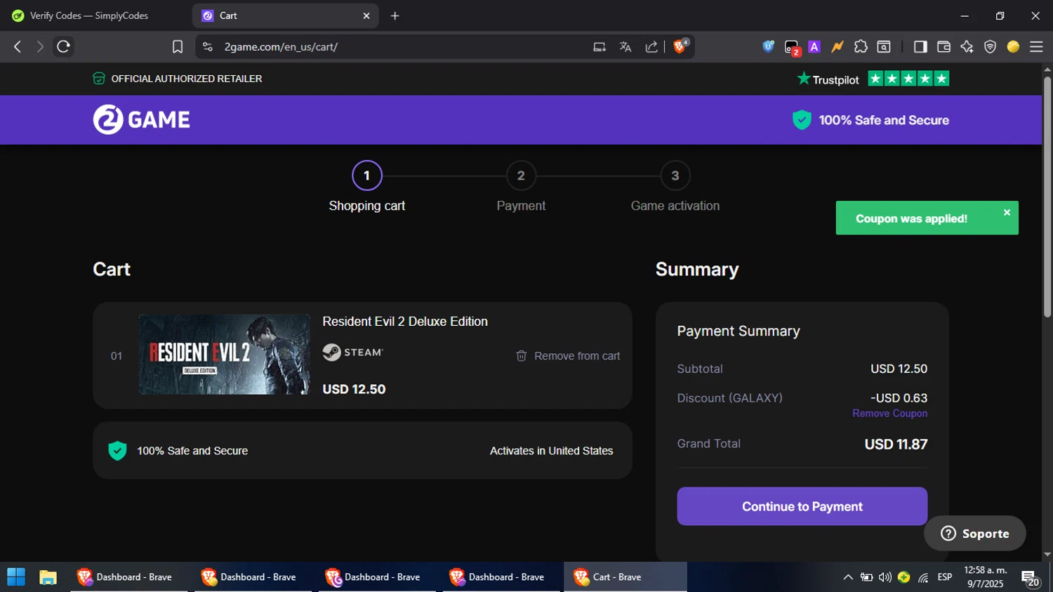 2game discount code screenshot showing code GALAXY applied at 2game checkout page. Uploaded by SimplyCodes community member PromoScout8746 on Jul 9, 2025