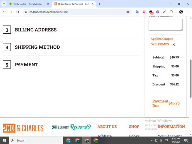 2nd & Charles checkout page showing 2nd & Charles promo code box | Screenshot taken by SimplyCodes community member on Aug 5, 2025