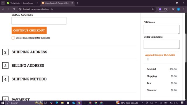 2nd & Charles checkout page showing 2nd & Charles promo code box | Screenshot taken by SimplyCodes community member on Jul 24, 2025