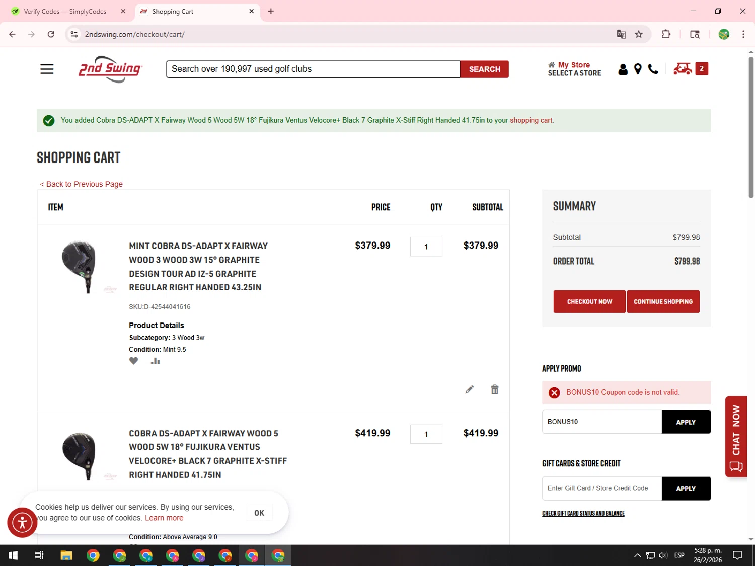 2nd Swing Golf promo code screenshot showing code BONUS10 applied at 2nd Swing Golf checkout page. Uploaded by SimplyCodes community member SwiftChaser6655 on Feb 26, 2026