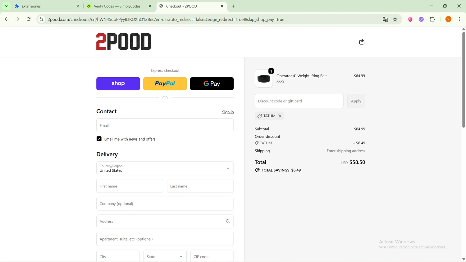 2POOD Performance promo code screenshot showing code TATUM applied at 2POOD Performance checkout page. Uploaded by SimplyCodes community member RebateSaver5991 on Oct 14, 2025