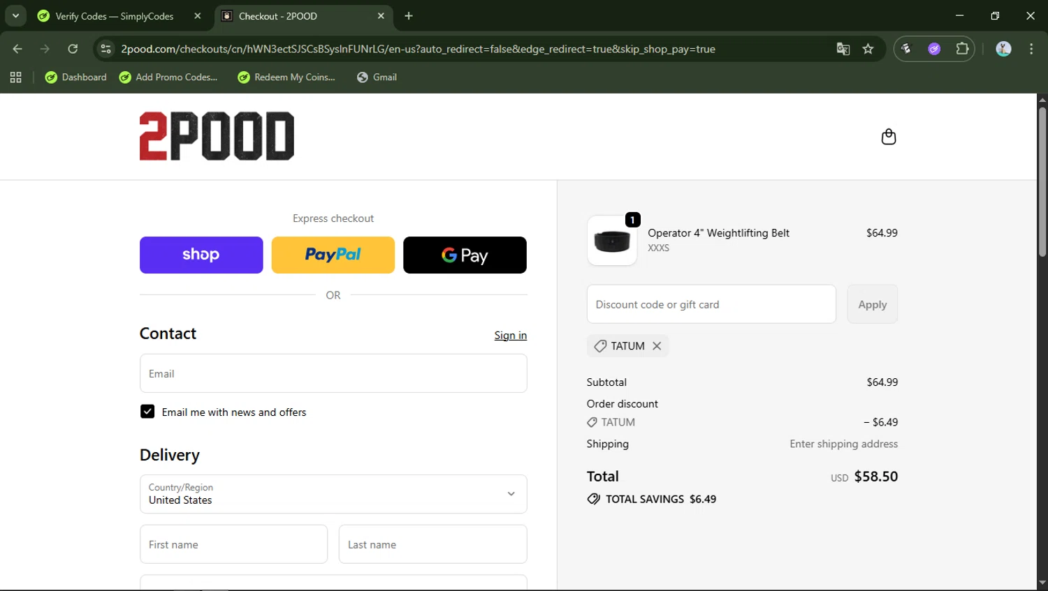 2POOD Performance promo code screenshot showing code TATUM applied at 2POOD Performance checkout page. Uploaded by SimplyCodes community member VENDOCOCA on Oct 2, 2025