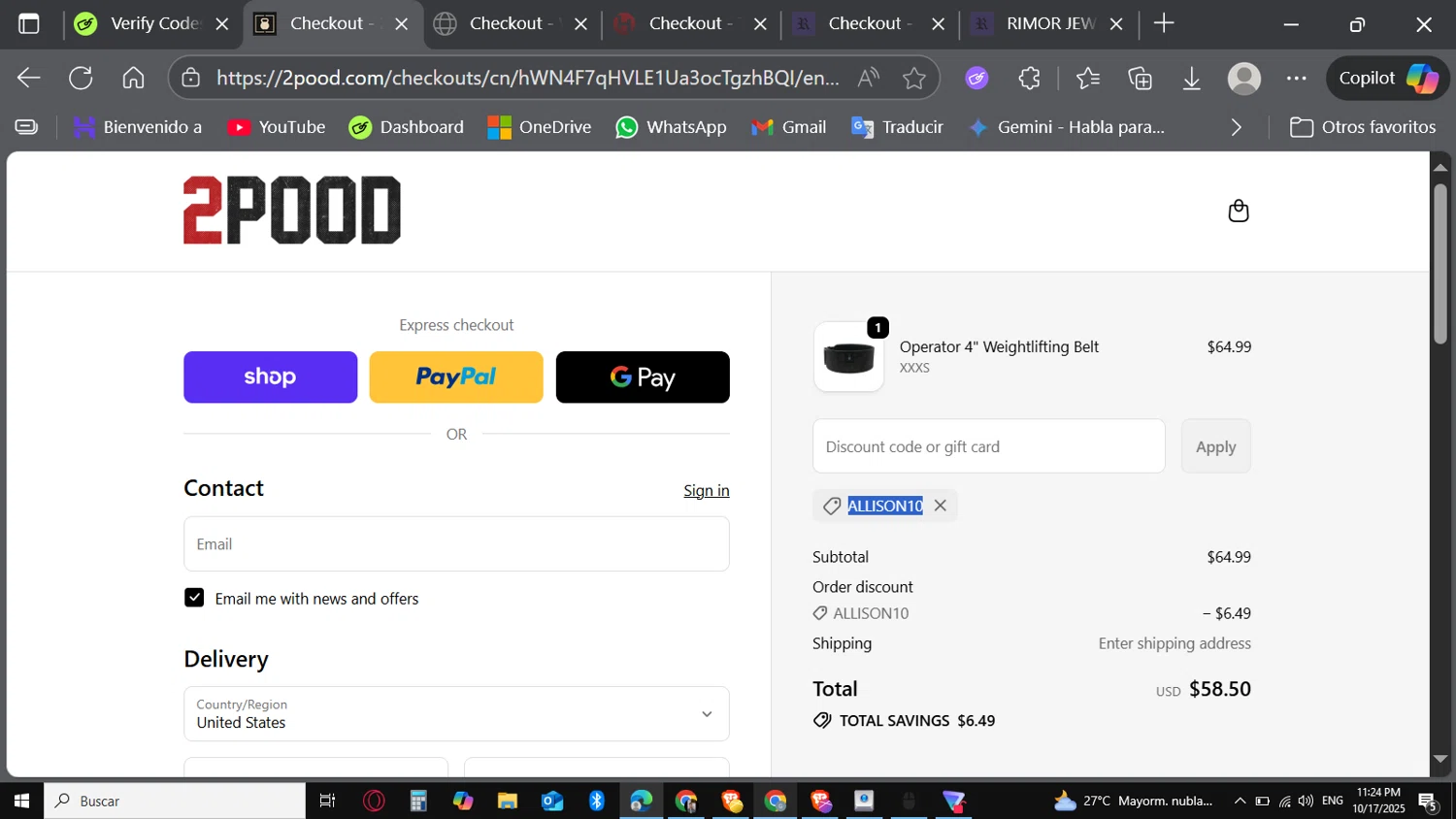 2POOD Performance promo code screenshot showing code ALLISON10 applied at 2POOD Performance checkout page. Uploaded by SimplyCodes community member Carbon132 on Oct 18, 2025