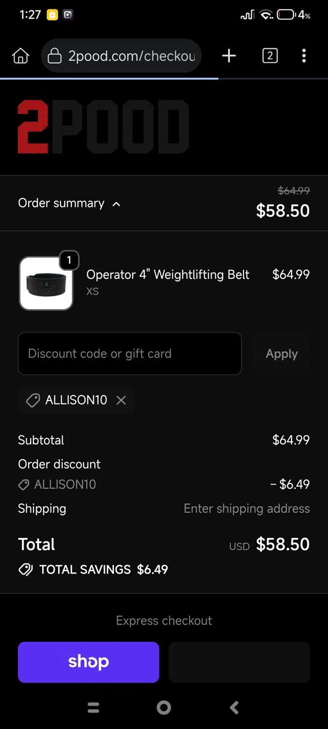 2POOD Performance promo code screenshot showing code ALLISON10 applied at 2POOD Performance checkout page. Uploaded by SimplyCodes community member cuenta03 on Oct 14, 2025