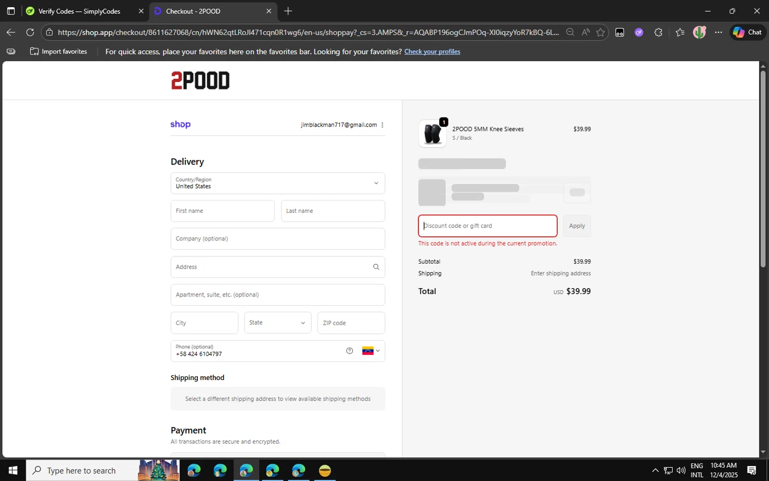 2POOD Performance promo code screenshot showing code JORDYN10 applied at 2POOD Performance checkout page. Uploaded by SimplyCodes community member Jvllsk1 on Dec 4, 2025