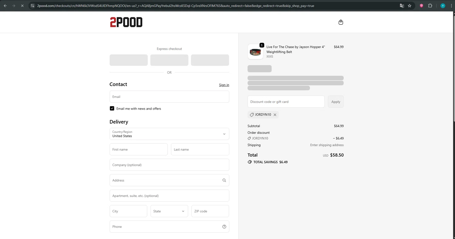 2POOD Performance promo code screenshot showing code JORDYN10 applied at 2POOD Performance checkout page. Uploaded by SimplyCodes community member ValueTiger695 on Dec 22, 2025