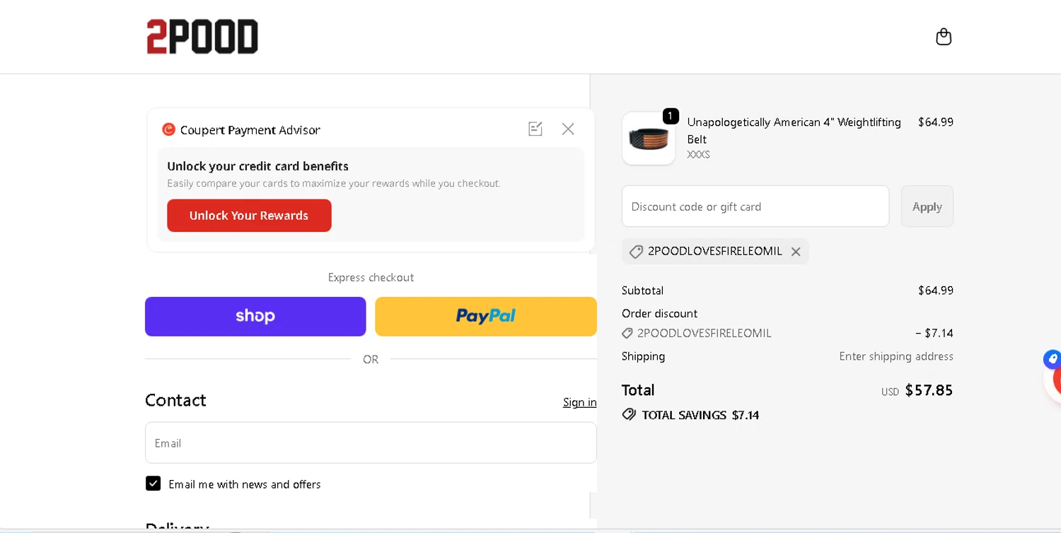 2POOD Performance promo code screenshot showing code 2POODLOVESFIRELEOMIL applied at 2POOD Performance checkout page. Uploaded by SimplyCodes community member shark12 on Dec 19, 2025