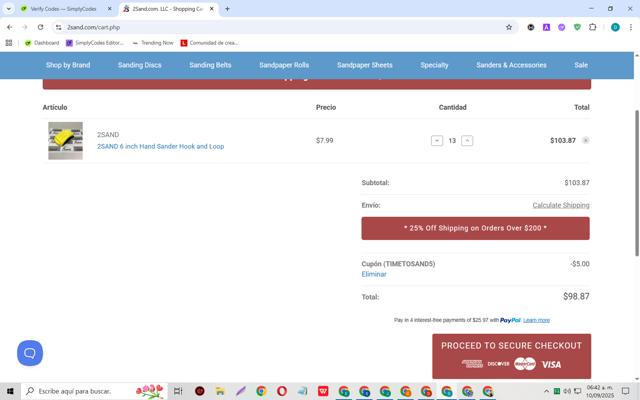 2Sand checkout page showing 2Sand coupon code box | Screenshot taken by SimplyCodes community member on Sep 10, 2025