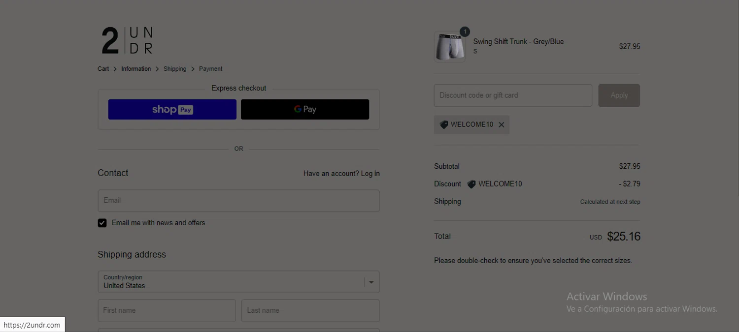 2UNDR checkout page showing 2UNDR discount code box | Screenshot taken by SimplyCodes community member on Feb 20, 2024