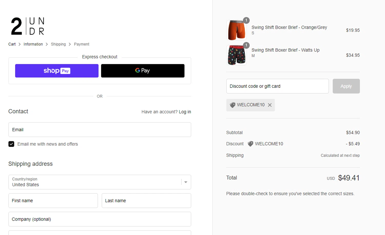 2UNDR checkout page showing 2UNDR discount code box | Screenshot taken by SimplyCodes community member on Dec 24, 2023
