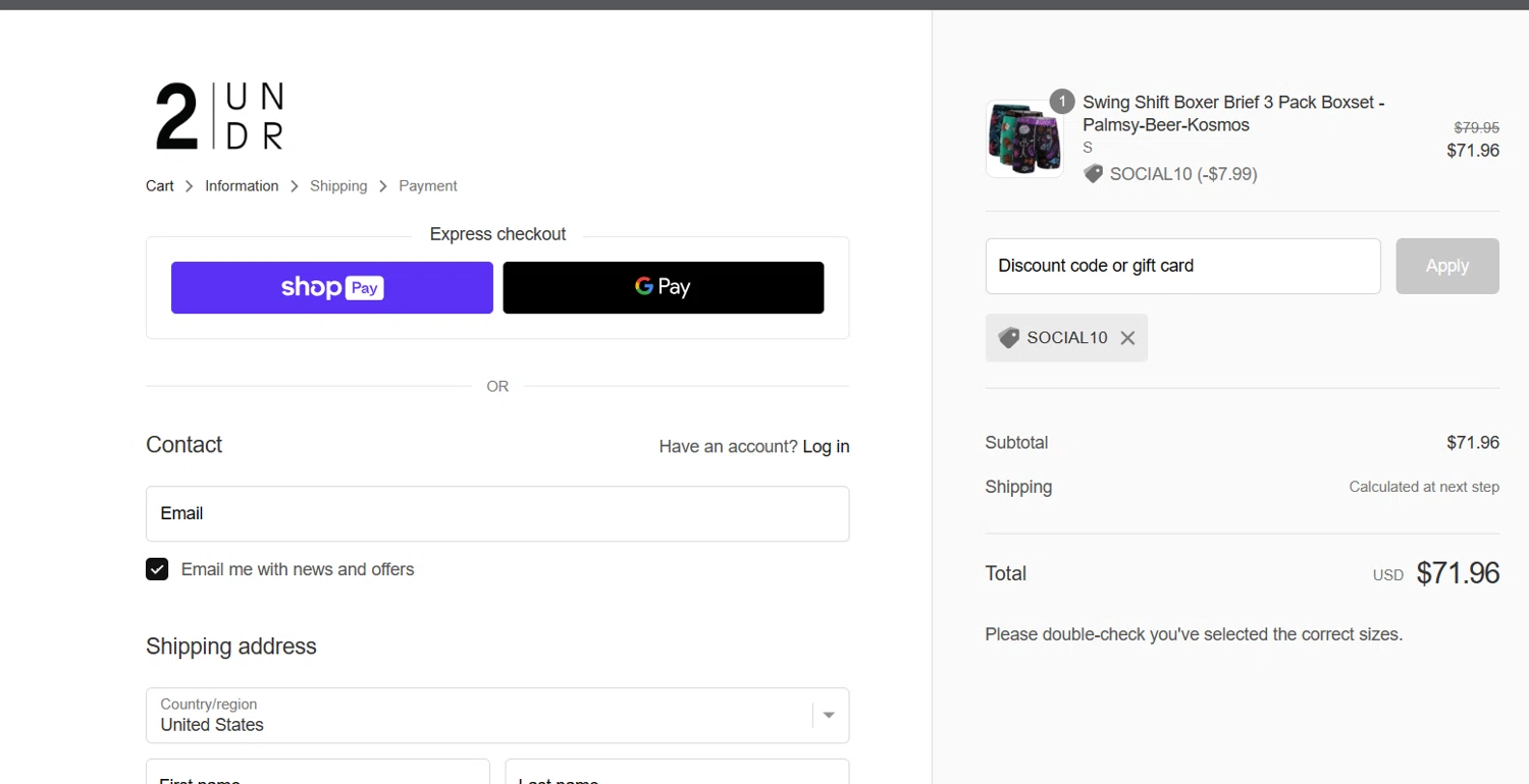 2UNDR checkout page showing 2UNDR discount code box | Screenshot taken by SimplyCodes community member on Apr 18, 2024