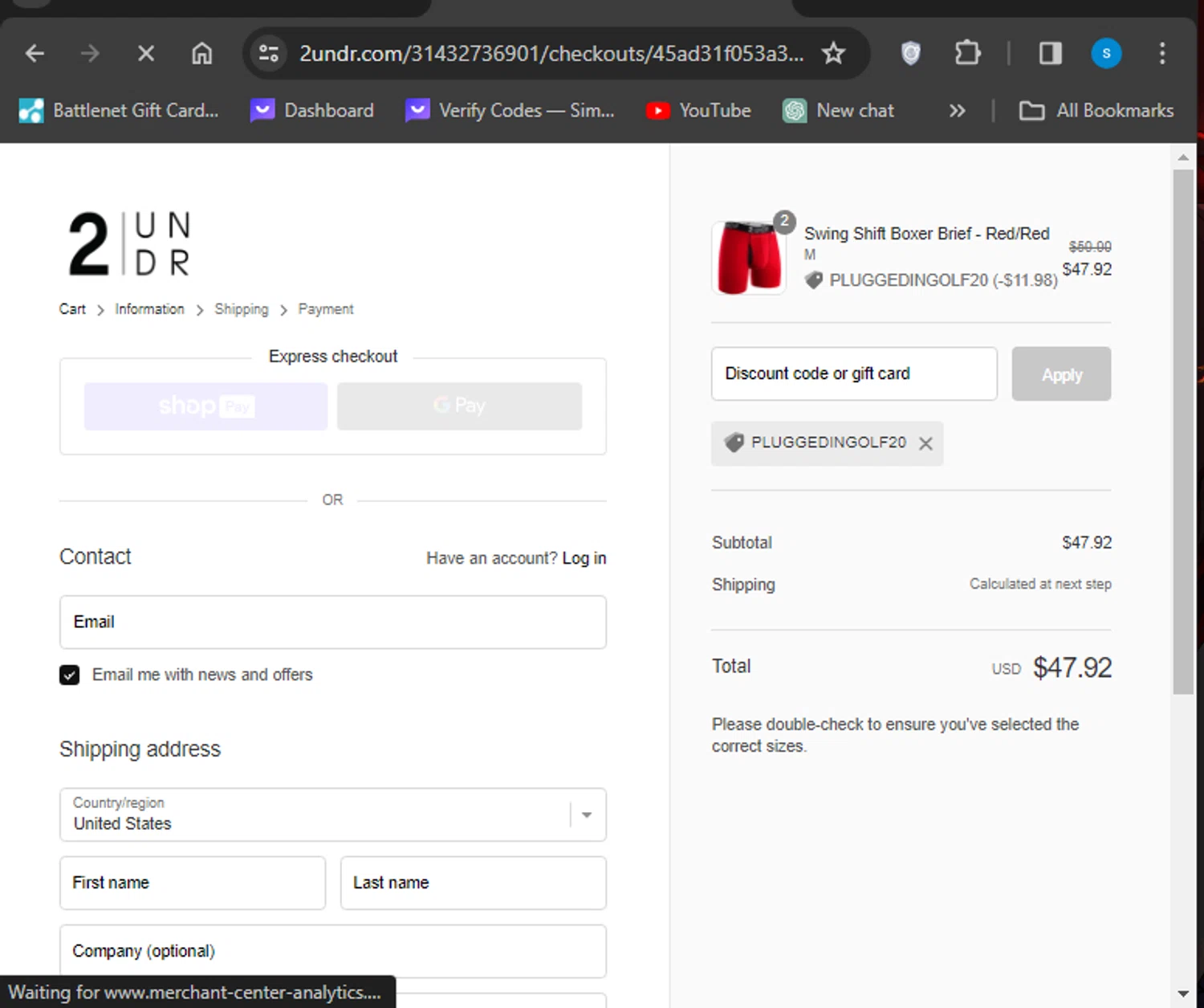 2UNDR checkout page showing 2UNDR discount code box | Screenshot taken by SimplyCodes community member on Jan 29, 2024