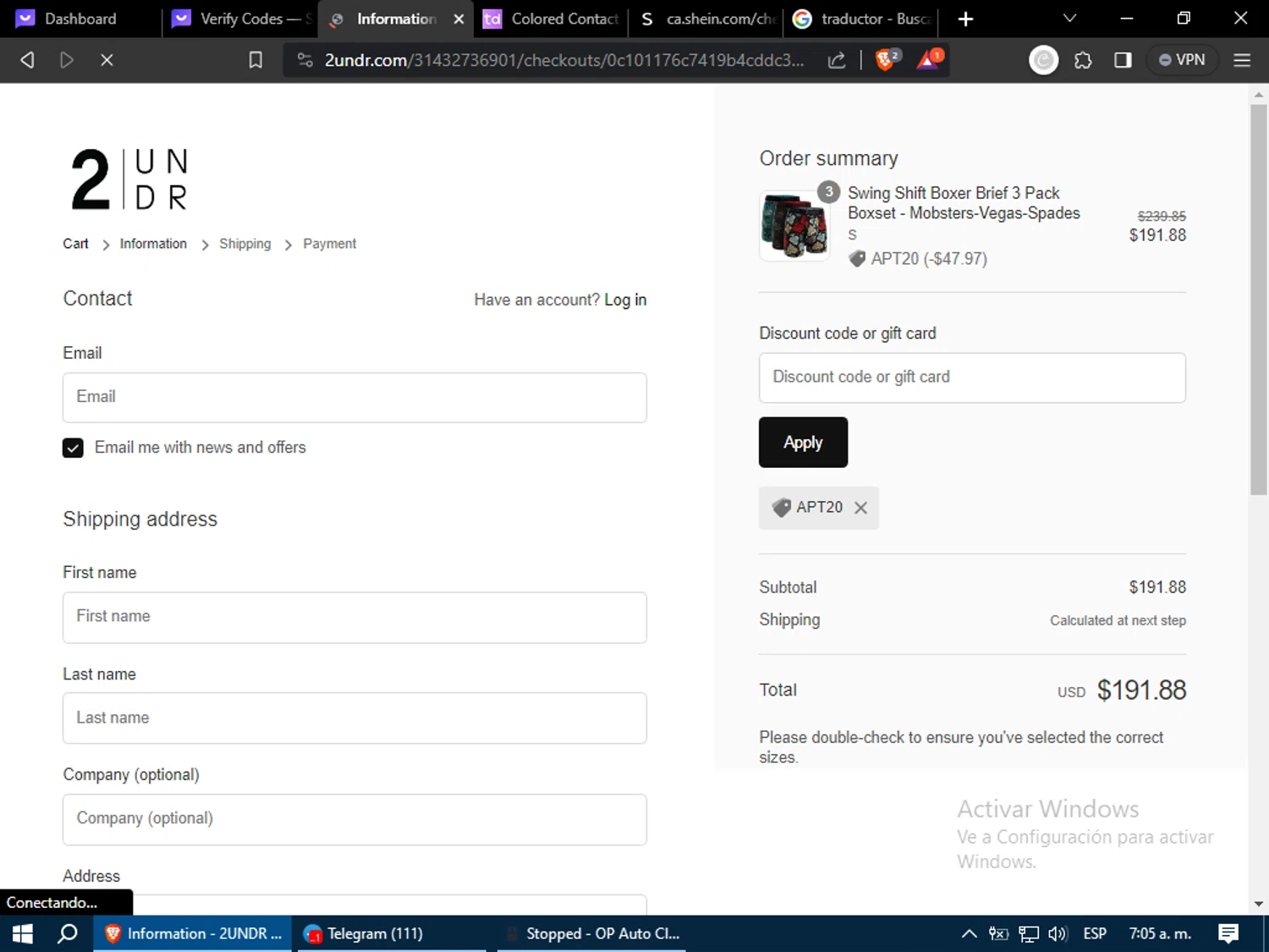 2UNDR checkout page showing 2UNDR discount code box | Screenshot taken by SimplyCodes community member on Jan 22, 2024