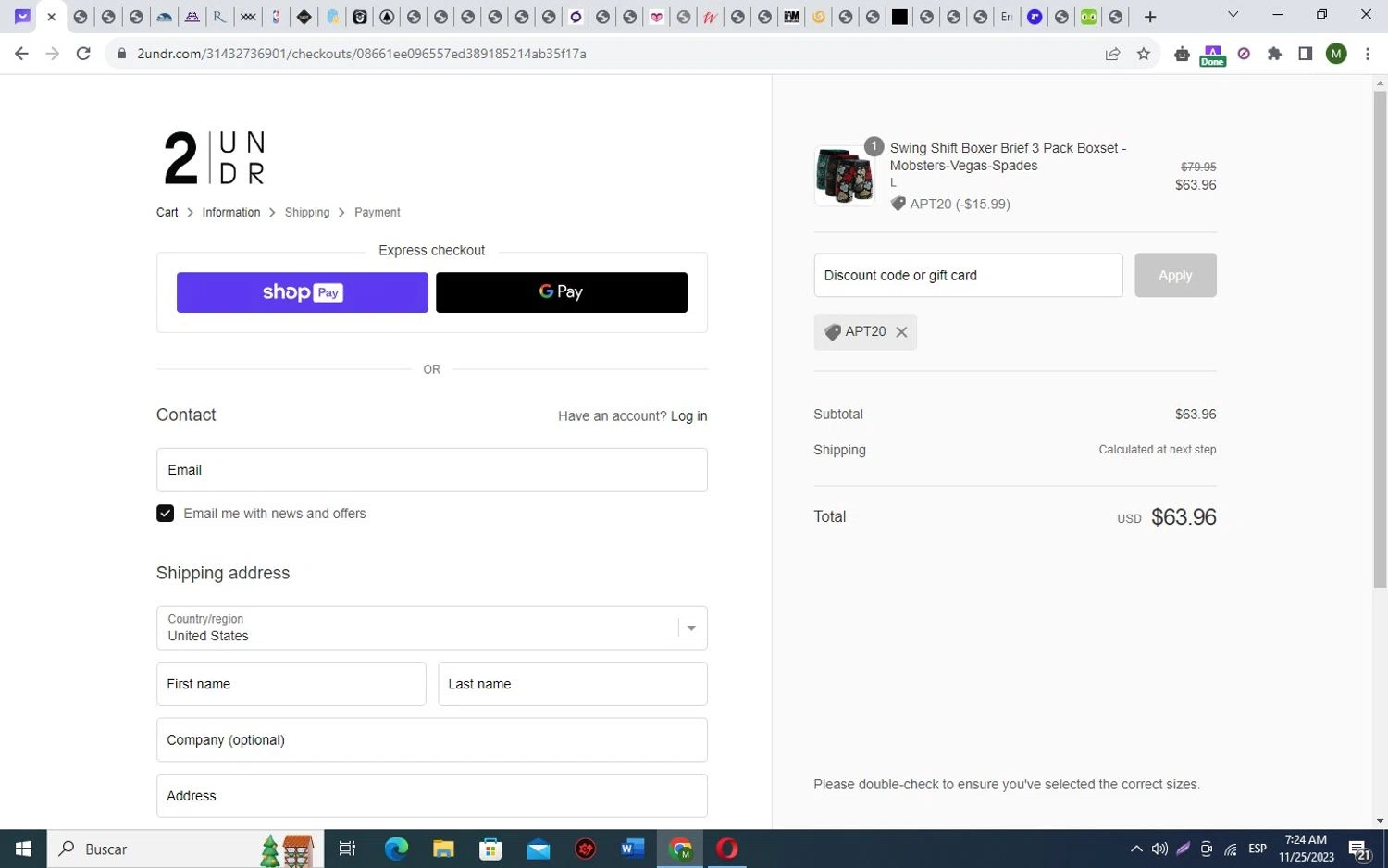 2UNDR checkout page showing 2UNDR discount code box | Screenshot taken by SimplyCodes community member on Nov 25, 2023