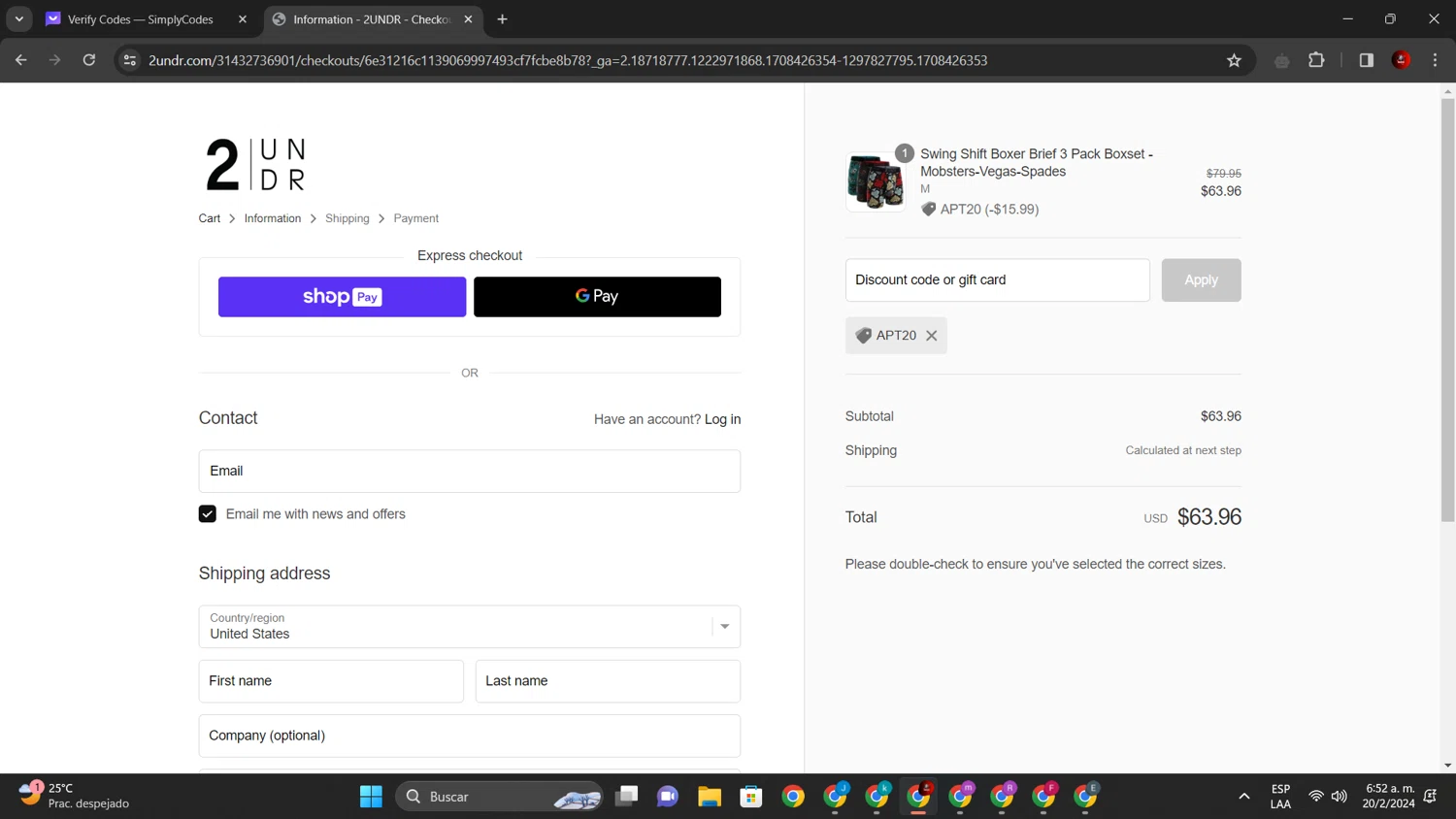 2UNDR checkout page showing 2UNDR discount code box | Screenshot taken by SimplyCodes community member on Feb 20, 2024