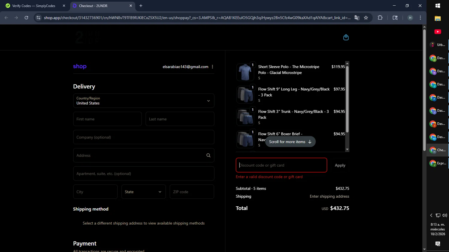 2UNDR discount code screenshot showing code SAVE25 applied at 2UNDR checkout page. Uploaded by SimplyCodes community member SmartMaverick5327 on Feb 18, 2026