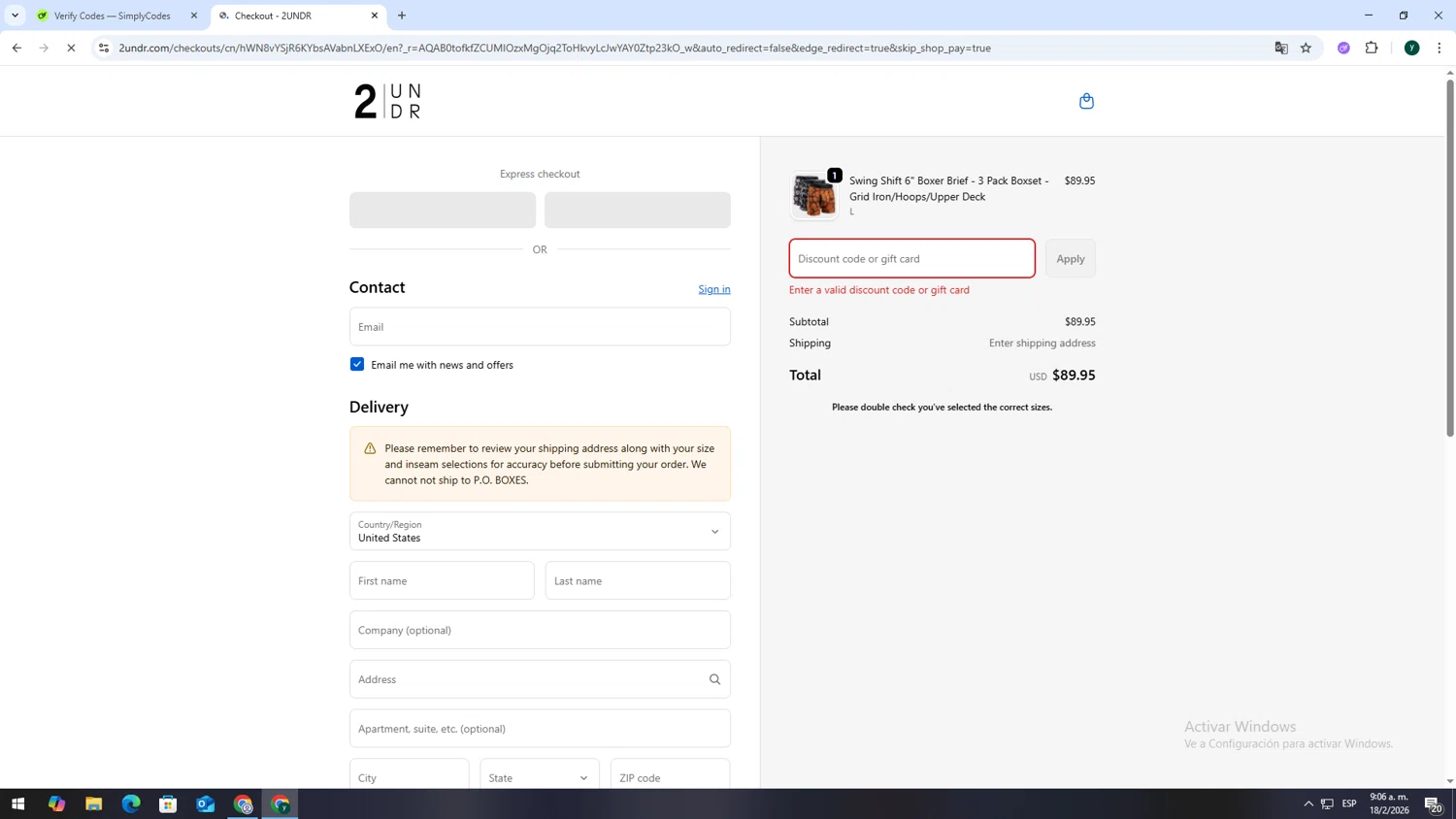 2UNDR discount code screenshot showing code SAVE25 applied at 2UNDR checkout page. Uploaded by SimplyCodes community member VoucherSpotter6910 on Feb 18, 2026