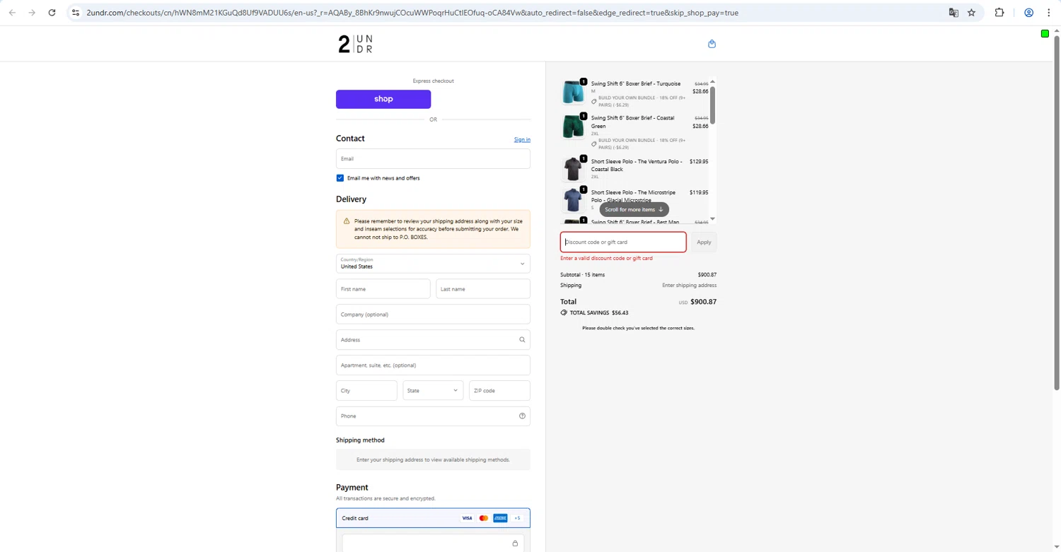 2UNDR discount code screenshot showing code SAVE25 applied at 2UNDR checkout page. Uploaded by SimplyCodes community member luffyreturn on Feb 14, 2026