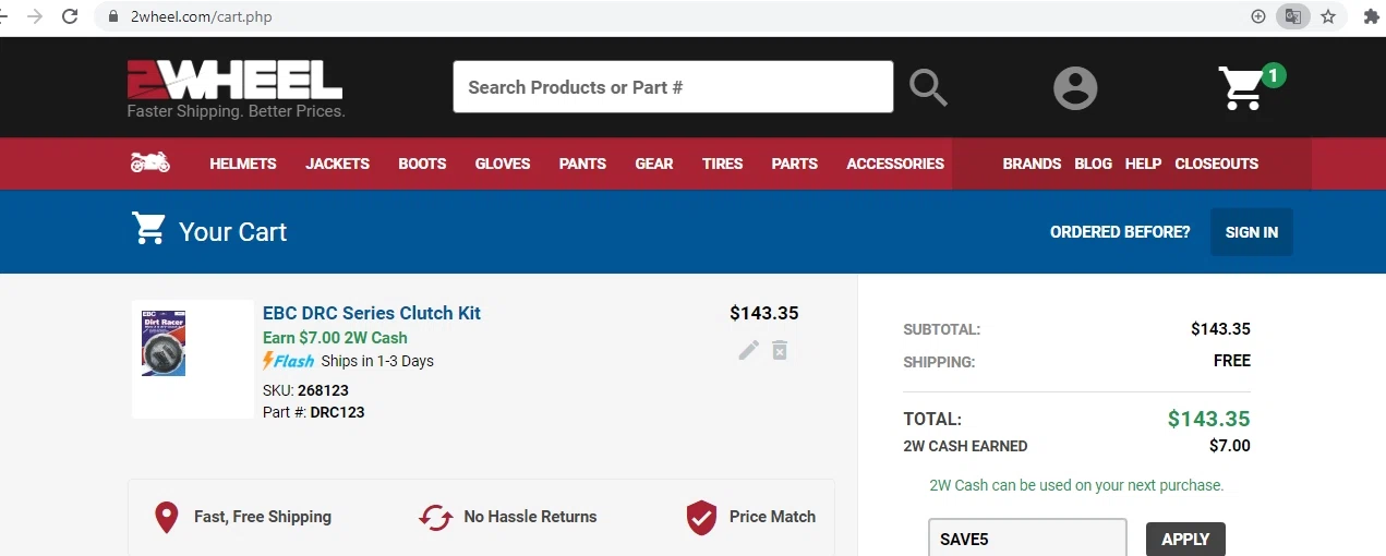 2 Wheel Parts Supply checkout page showing 2 Wheel Parts Supply promo code box | Screenshot taken by SimplyCodes community member on Aug 19, 2020
