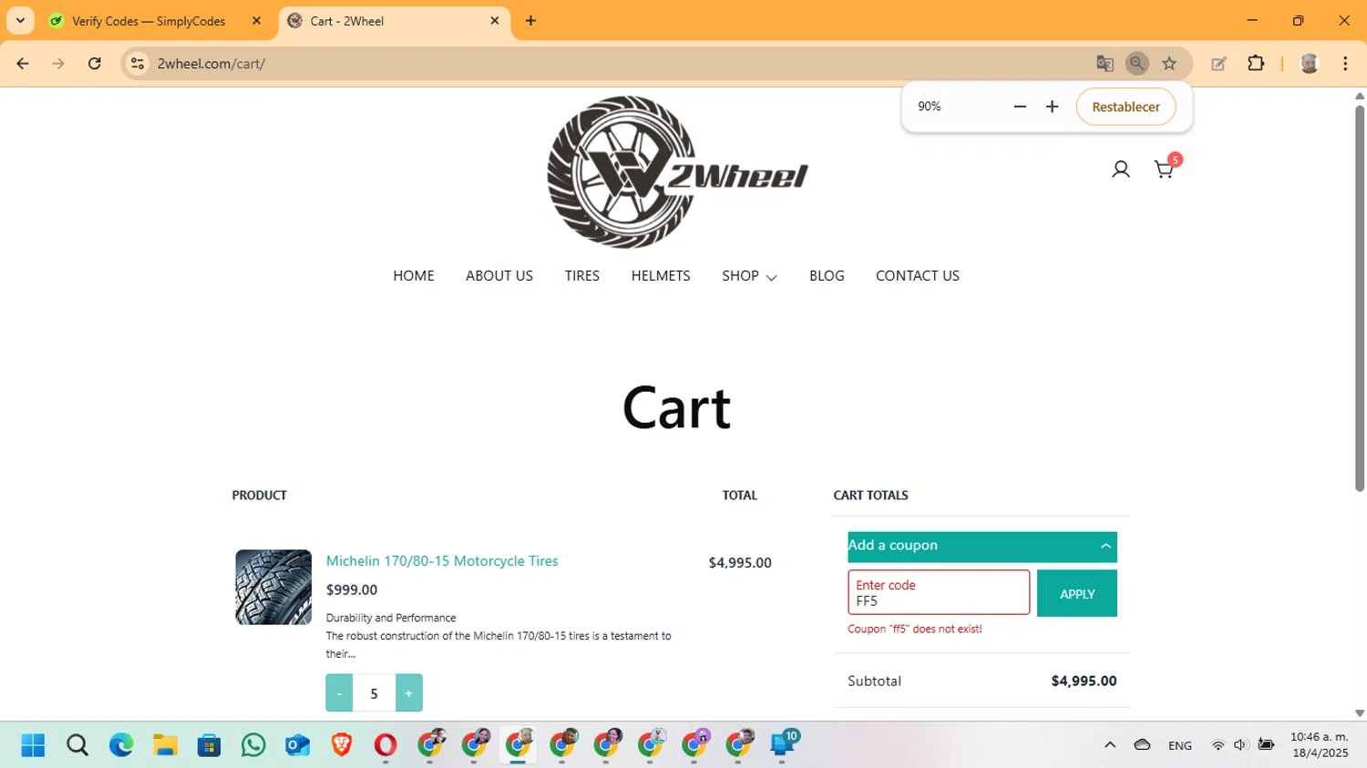 2 Wheel Parts Supply promo code screenshot showing code FF5 applied at 2 Wheel Parts Supply checkout page. Uploaded by SimplyCodes community member ManuelF on Apr 18, 2025