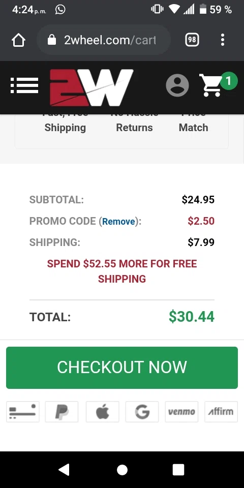 2 Wheel Parts Supply checkout page showing 2 Wheel Parts Supply promo code box | Screenshot taken by SimplyCodes community member on Jan 22, 2021