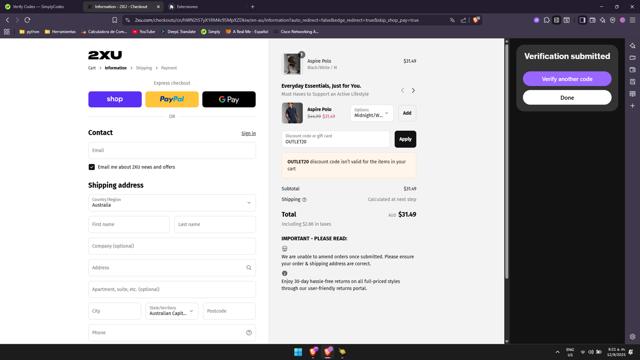 2XU checkout page showing 2XU discount code box | Screenshot taken by SimplyCodes community member on Sep 12, 2025