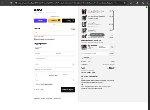 2XU checkout page showing 2XU discount code box | Screenshot taken by SimplyCodes community member on Sep 12, 2025