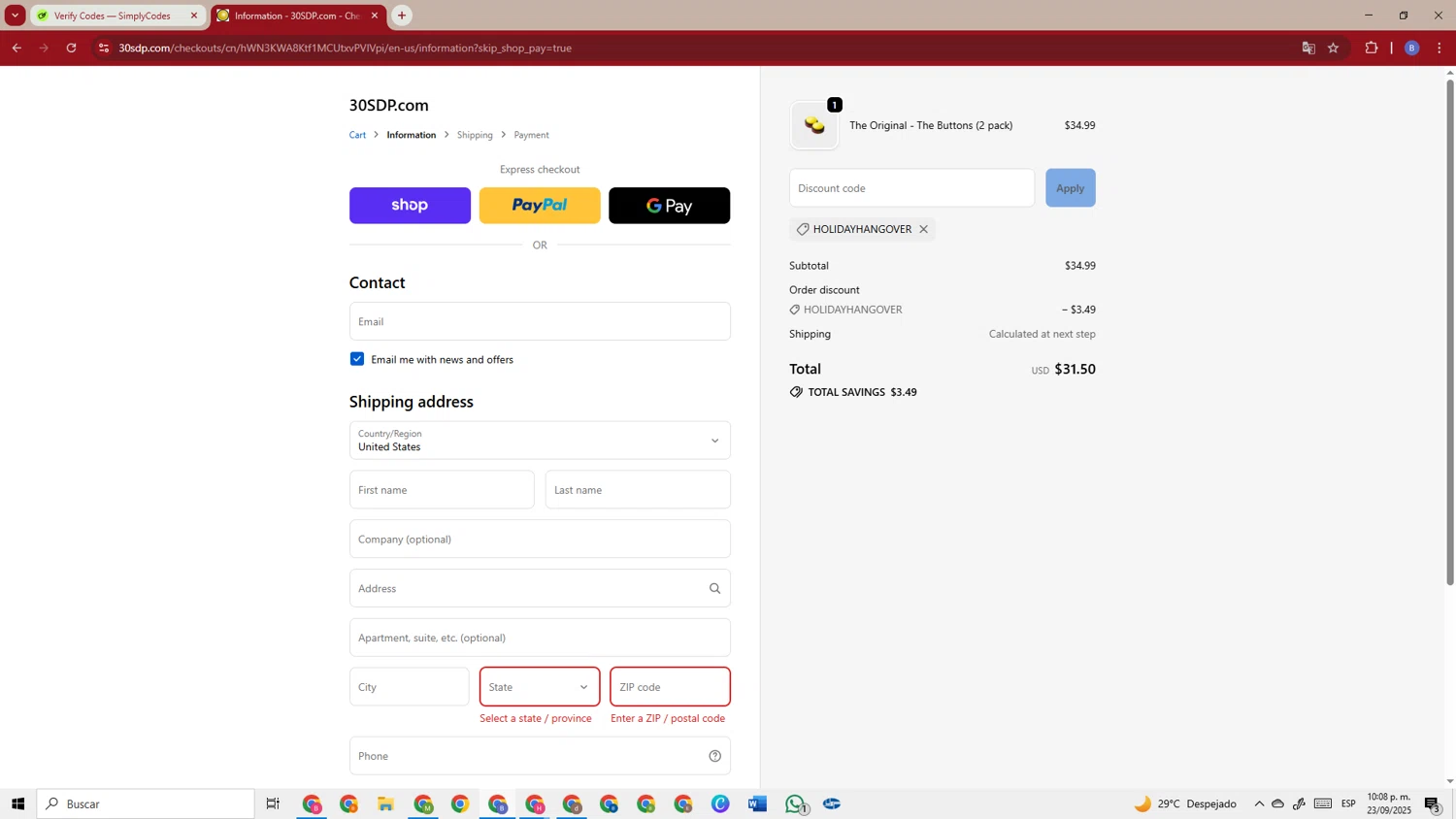 30 Second Dance Party promo code screenshot showing code HOLIDAYHANGOVER applied at 30 Second Dance Party checkout page. Uploaded by SimplyCodes community member TokenSentinel5304 on Sep 24, 2025