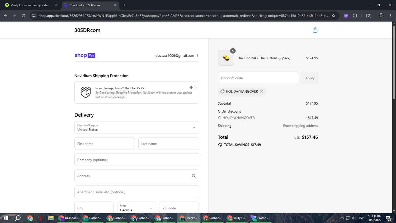 30 Second Dance Party promo code screenshot showing code HOLIDAYHANGOVER applied at 30 Second Dance Party checkout page. Uploaded by SimplyCodes community member xxdddd on Jul 30, 2025