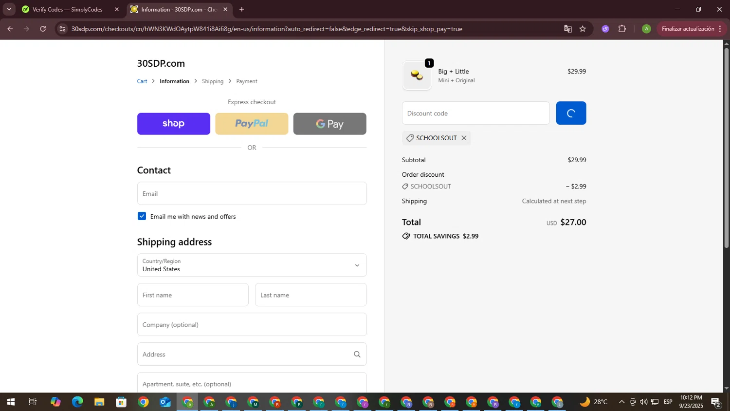 30 Second Dance Party promo code screenshot showing code SCHOOLSOUT applied at 30 Second Dance Party checkout page. Uploaded by SimplyCodes community member DiscountSpotter1028 on Sep 24, 2025