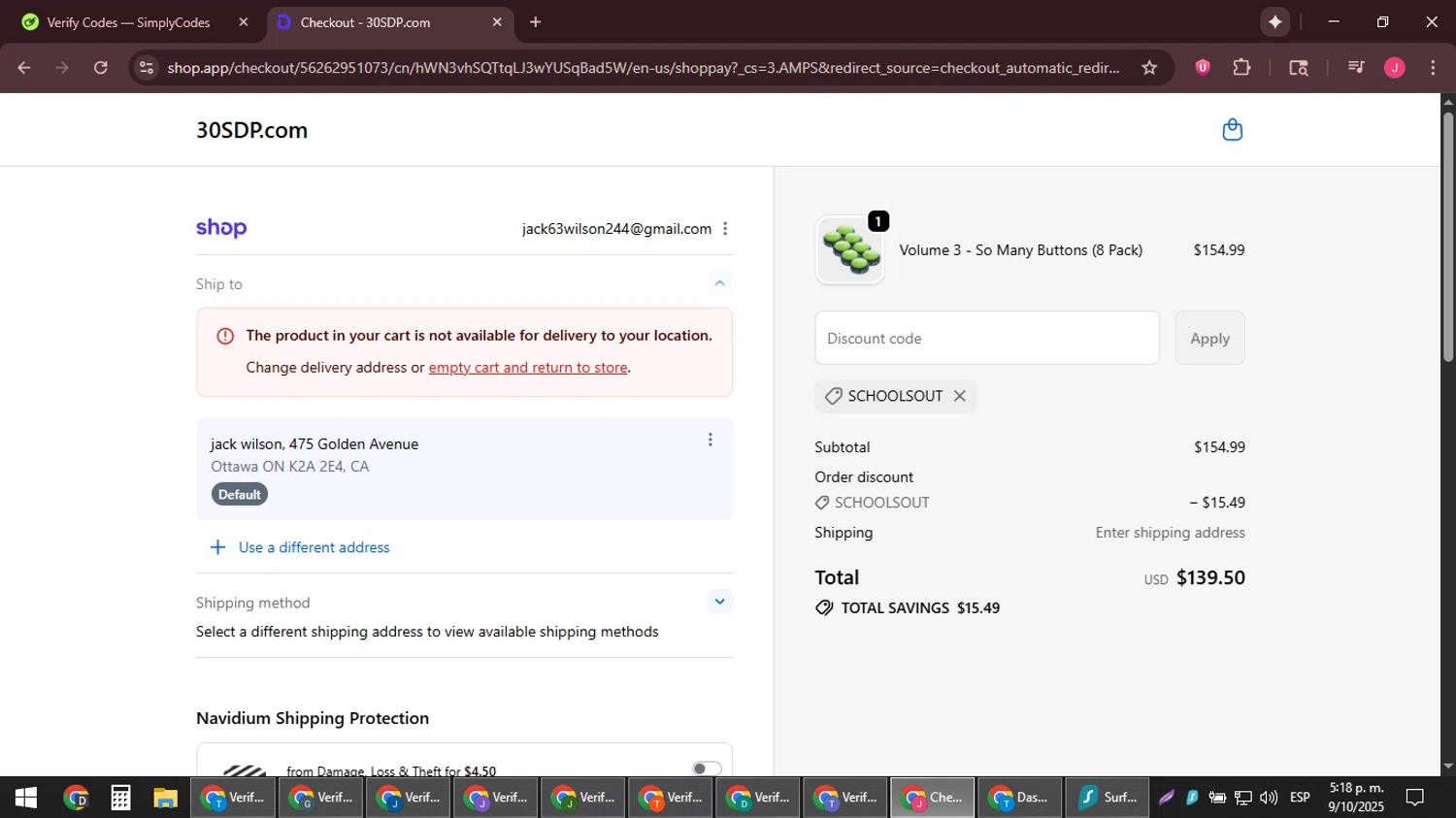 30 Second Dance Party promo code screenshot showing code SCHOOLSOUT applied at 30 Second Dance Party checkout page. Uploaded by SimplyCodes community member JackWilson63 on Oct 9, 2025