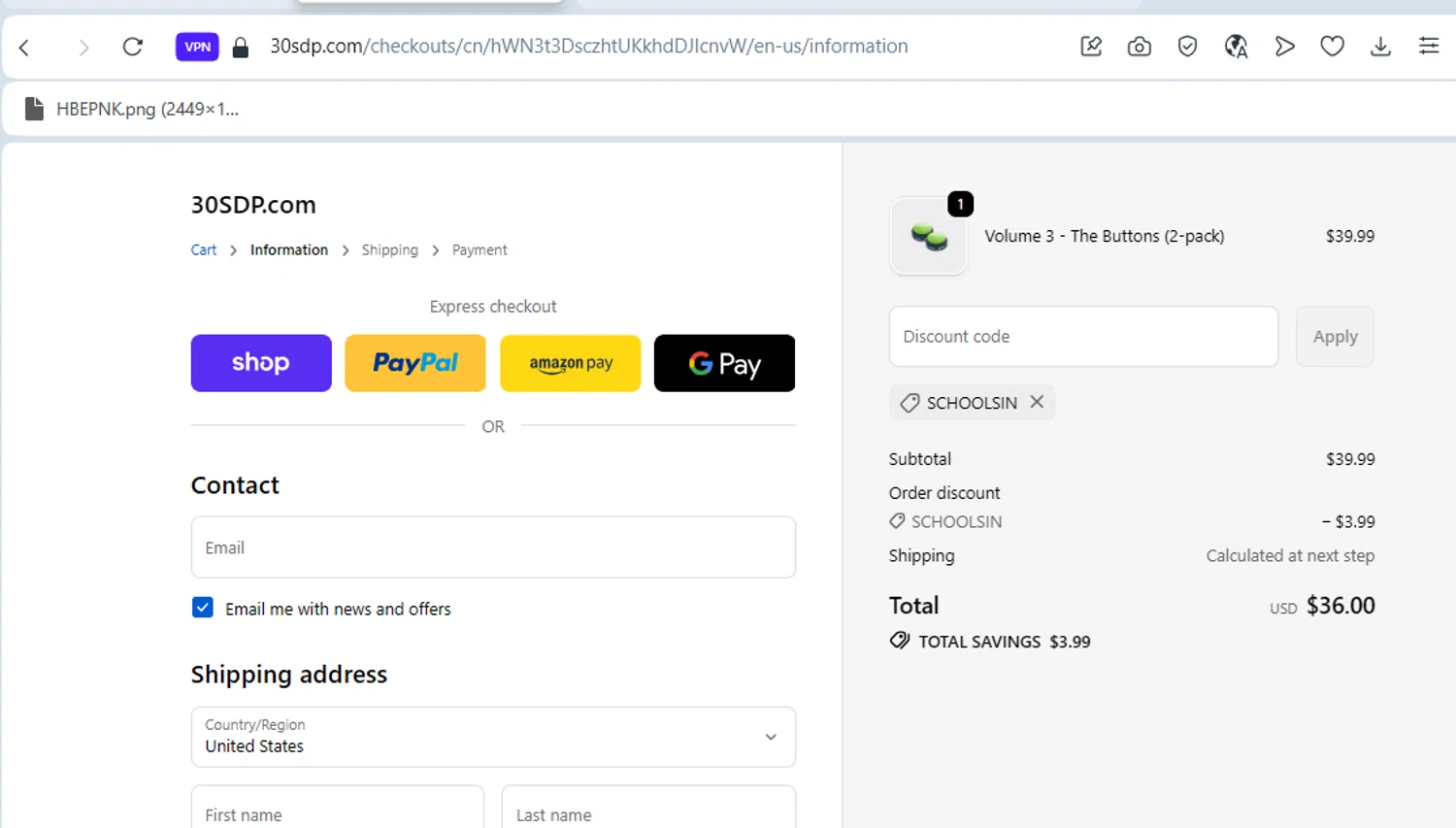 30 Second Dance Party promo code screenshot showing code SCHOOLSIN applied at 30 Second Dance Party checkout page. Uploaded by SimplyCodes community member ELIEZERG on Oct 8, 2025