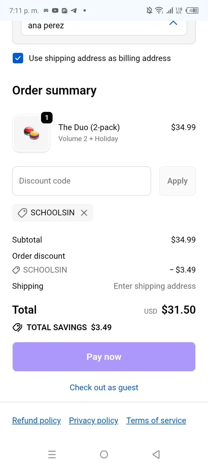 30 Second Dance Party promo code screenshot showing code SCHOOLSIN applied at 30 Second Dance Party checkout page. Uploaded by SimplyCodes community member GoldCurator660 on Dec 14, 2025
